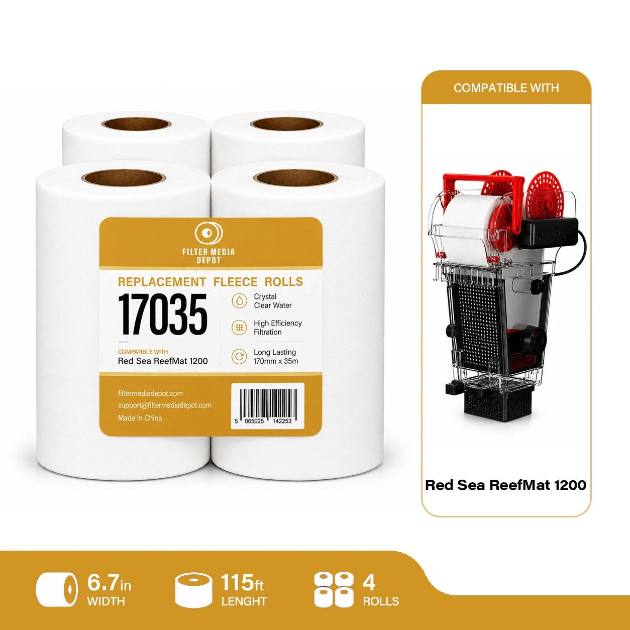 Red Sea ReefMat 1200 Replacement Fleece Roll, 6.7 in x 115 ft (170 mm x 35 m), 4 Rolls (2 x 2-Pack)
