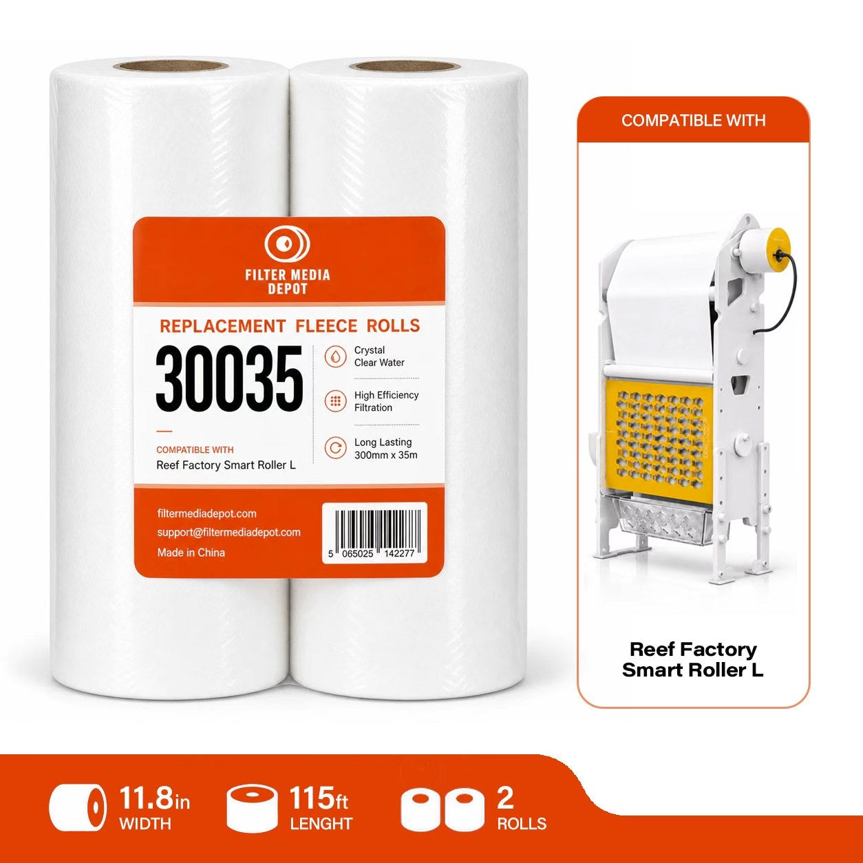 Reef Factory Smart Roller L Replacement Fleece Roll, 11.8 in x 115 ft (300 mm x 35 m), 2-Pack
