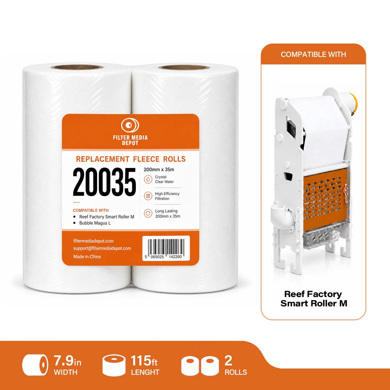 Reef Factory Smart Roller M Replacement Fleece Roll, 7.9 in x 115 ft (200 mm x 35 m), 2-Pack
