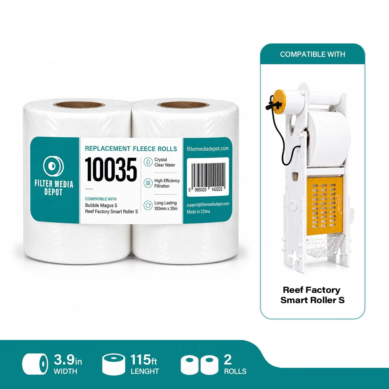 Reef Factory Smart Roller S Replacement Fleece Roll, 3.9 in x 115 ft (100 mm x 35 m), 2-Pack