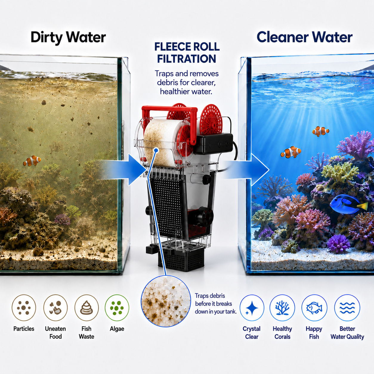 Fleece roll filtration process showing dirty aquarium water becoming cleaner water by trapping debris in filter fleece