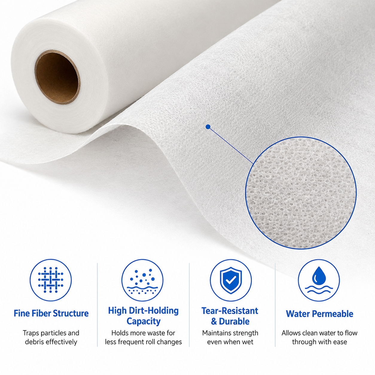 White premium non-woven fleece filter material shown with a folded corner revealing texture, plus text and icons describing consistent flow, efficient filtration, 100-150 micron equivalent, and durable reliability.